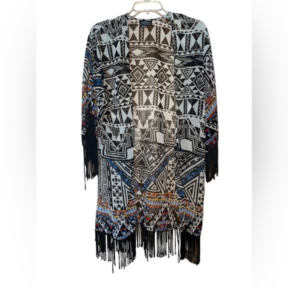 Angie Kimono Bohemian Aztec Fringe Festival Lagenlook Womens Size‎ Small Sheer
